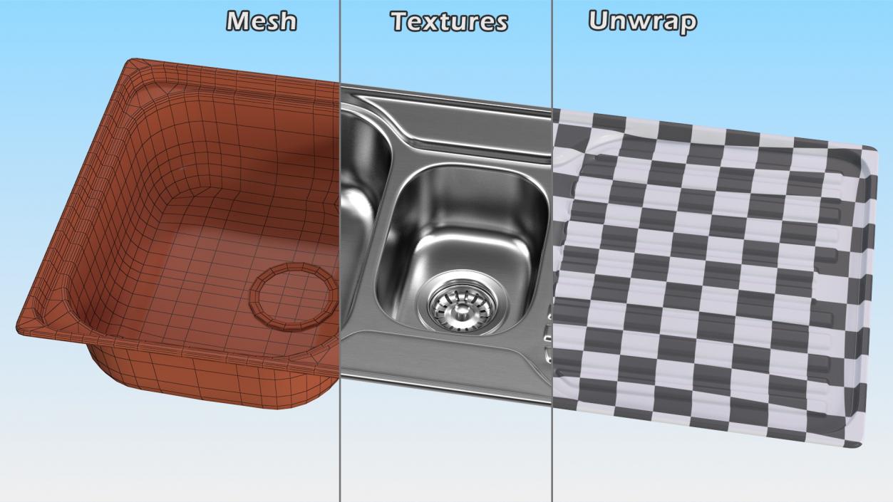 3D model Double Bowl Kitchen Sink with Drainboard