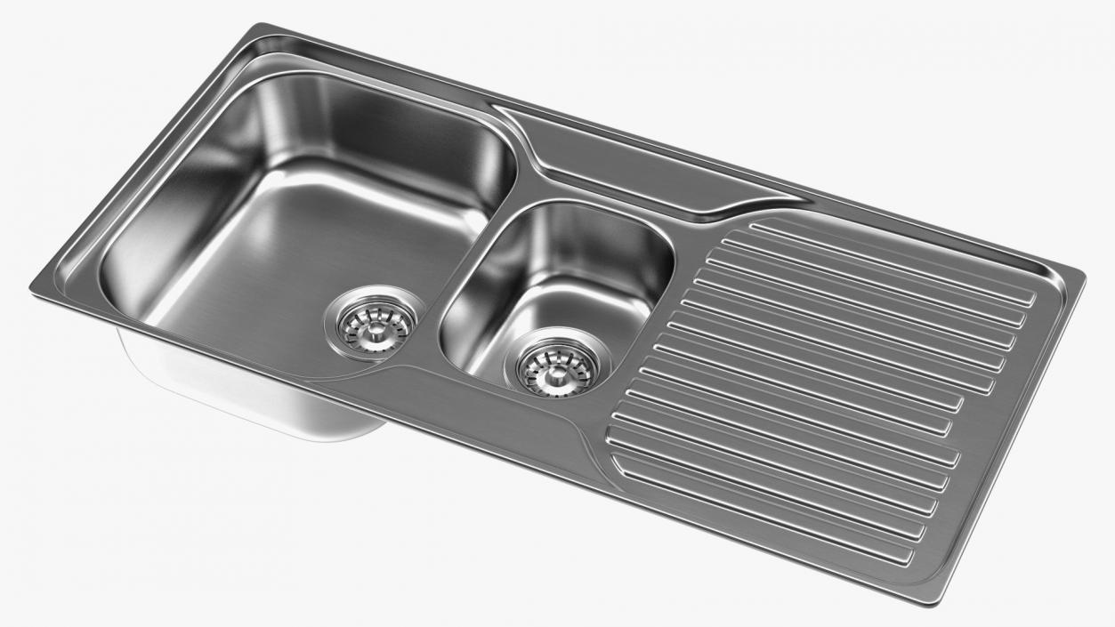 3D model Double Bowl Kitchen Sink with Drainboard