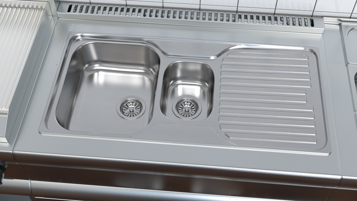 3D model Double Bowl Kitchen Sink with Drainboard