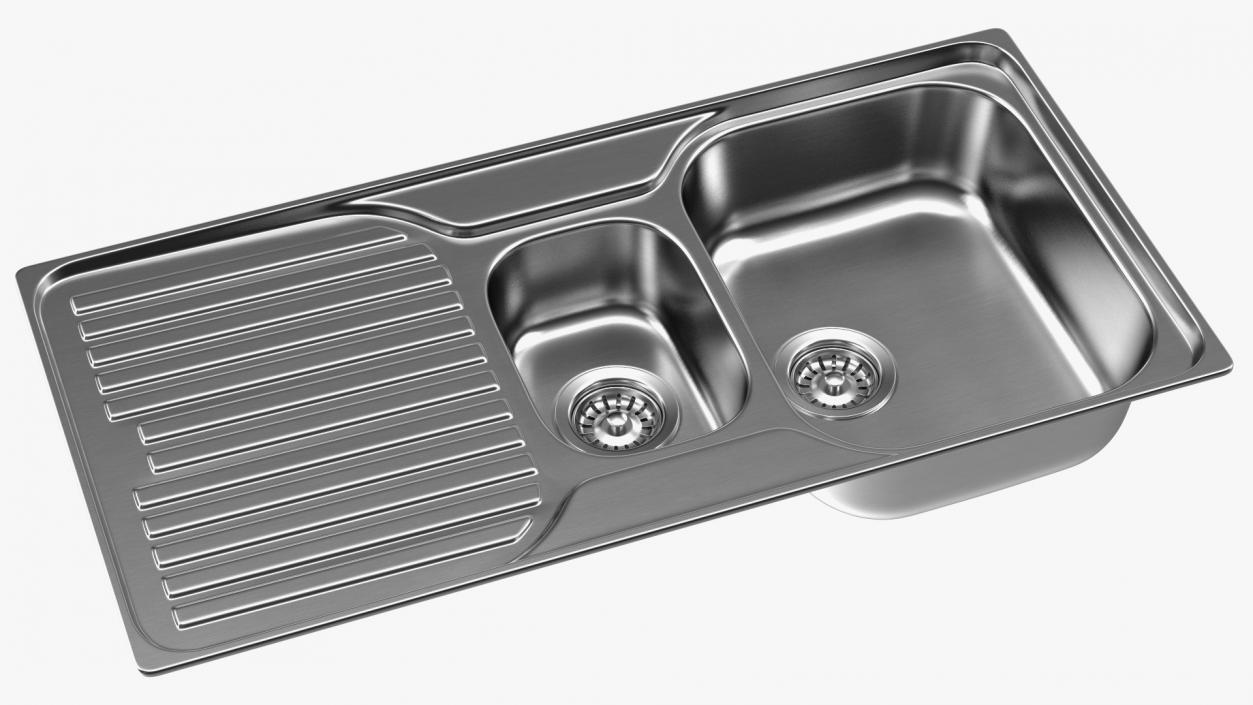 3D model Double Bowl Kitchen Sink with Drainboard