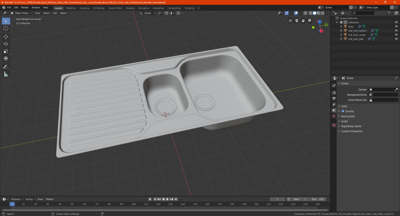 3D model Double Bowl Kitchen Sink with Drainboard