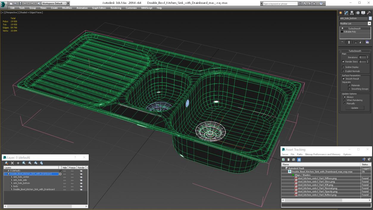 3D model Double Bowl Kitchen Sink with Drainboard