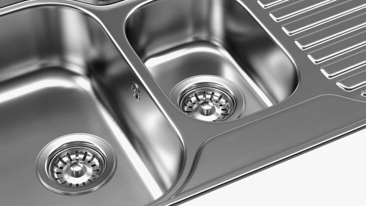 3D model Double Bowl Kitchen Sink with Drainboard