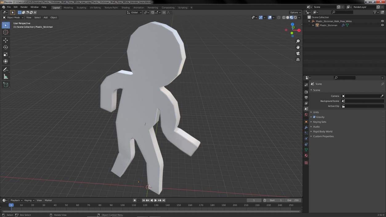 Plastic Stickman Walk Pose White 3D