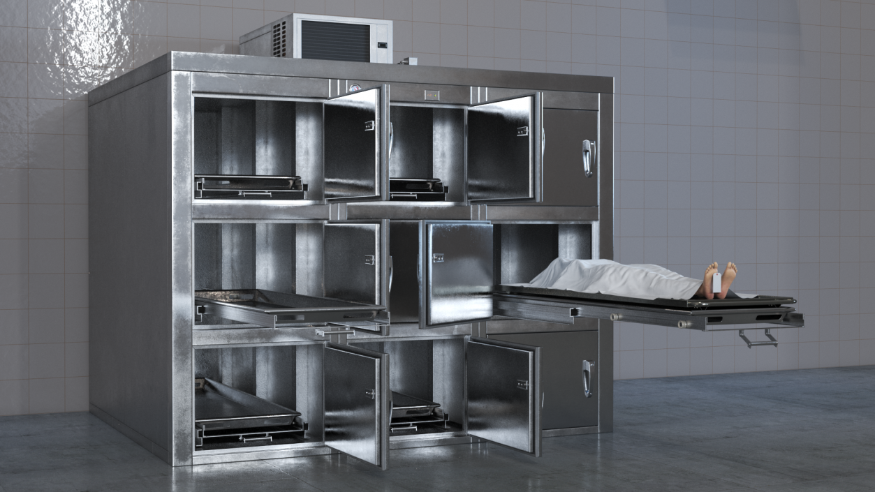 3D Morgue Refrigerator with Covered Female Corpse