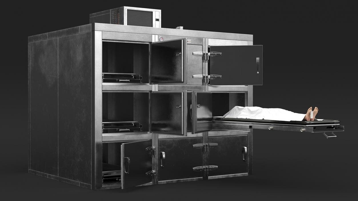 3D Morgue Refrigerator with Covered Female Corpse