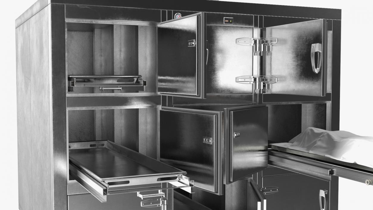 3D Morgue Refrigerator with Covered Female Corpse