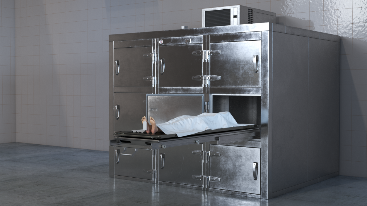 3D Morgue Refrigerator with Covered Female Corpse