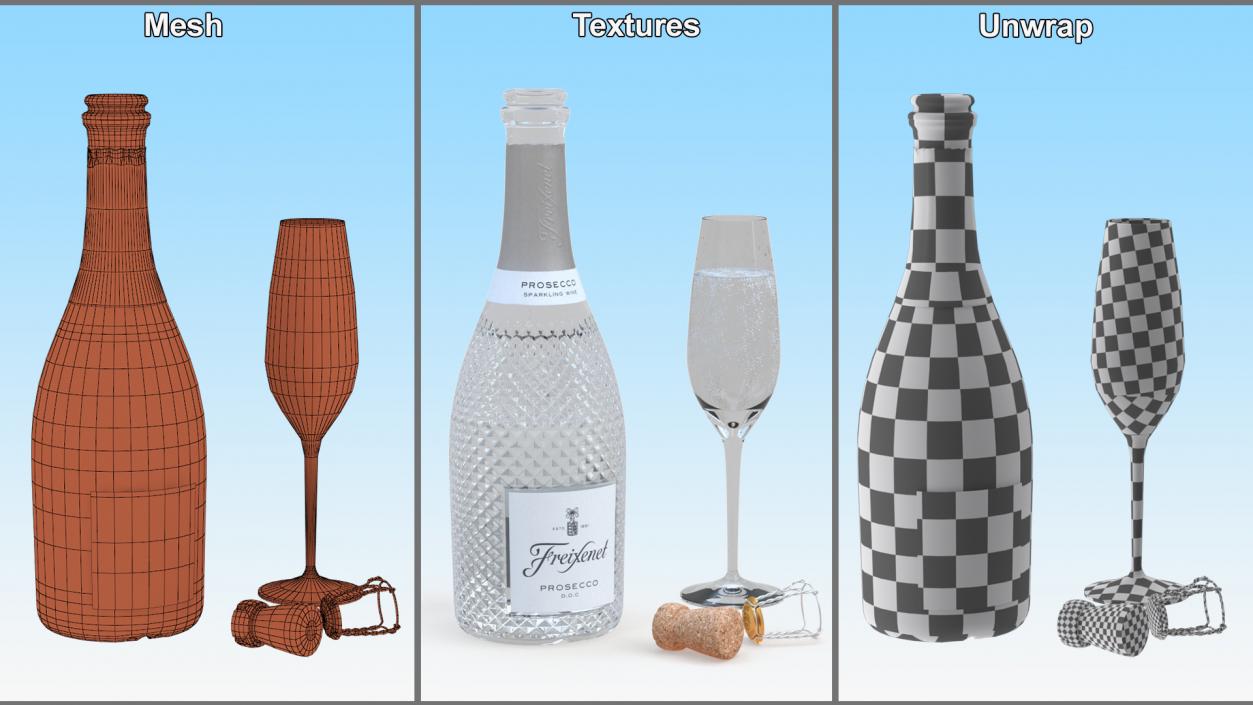 3D Freixenet Prosecco Sparkling Wine and Glass model