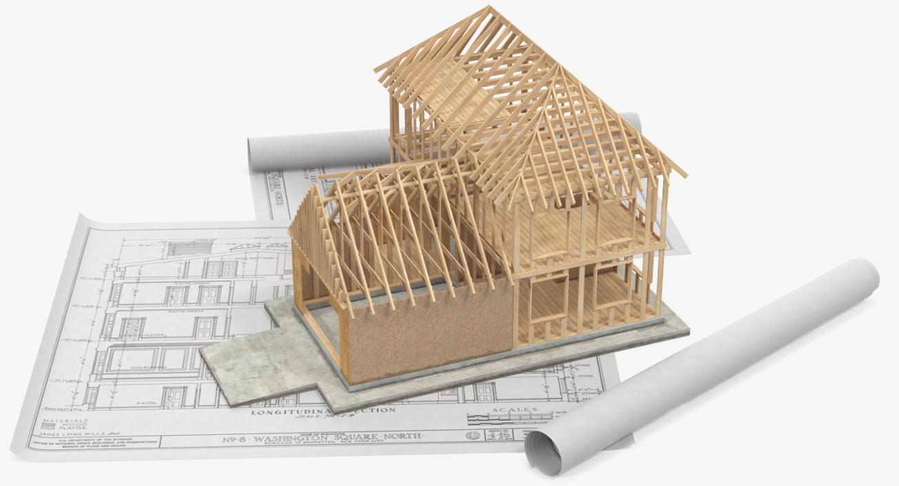 House Construction On Blueprints 3D