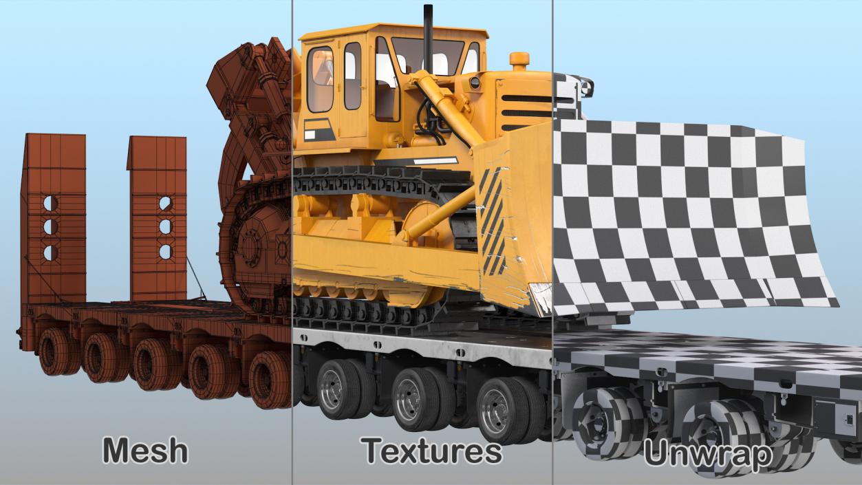 3D Bulldozer on Heavy Transport Trailer