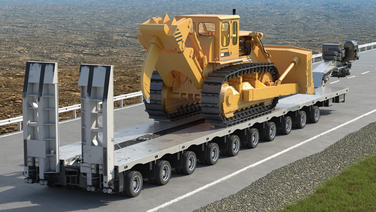 3D Bulldozer on Heavy Transport Trailer