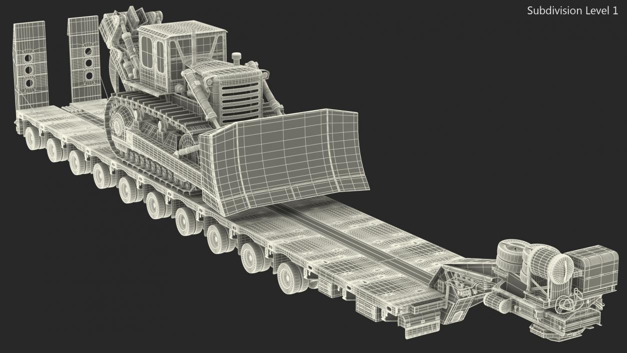 3D Bulldozer on Heavy Transport Trailer