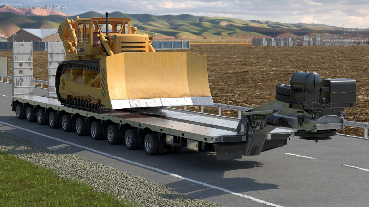 3D Bulldozer on Heavy Transport Trailer