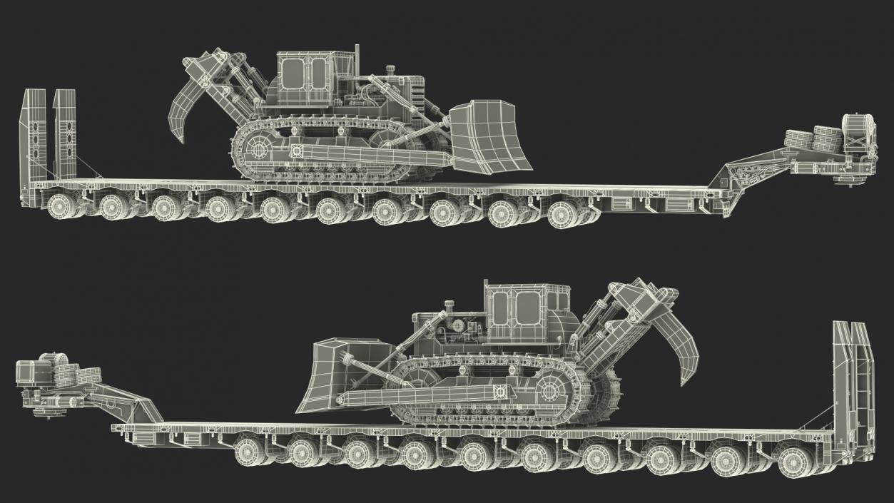 3D Bulldozer on Heavy Transport Trailer