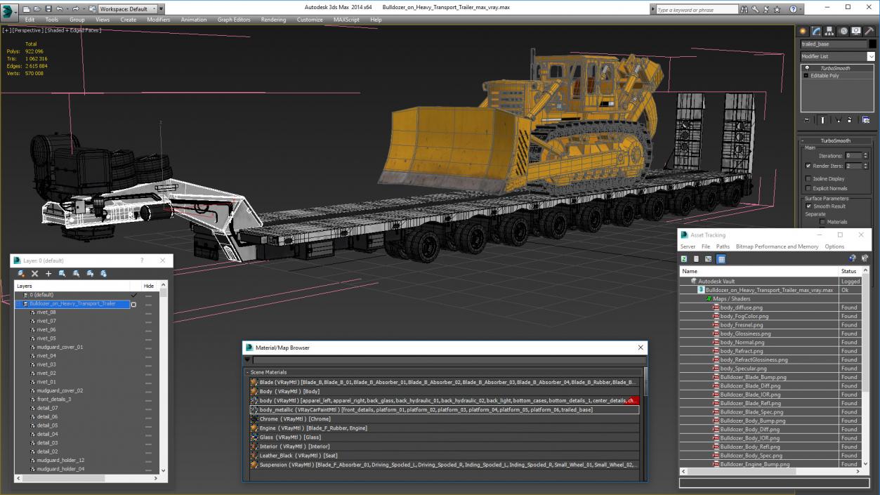 3D Bulldozer on Heavy Transport Trailer