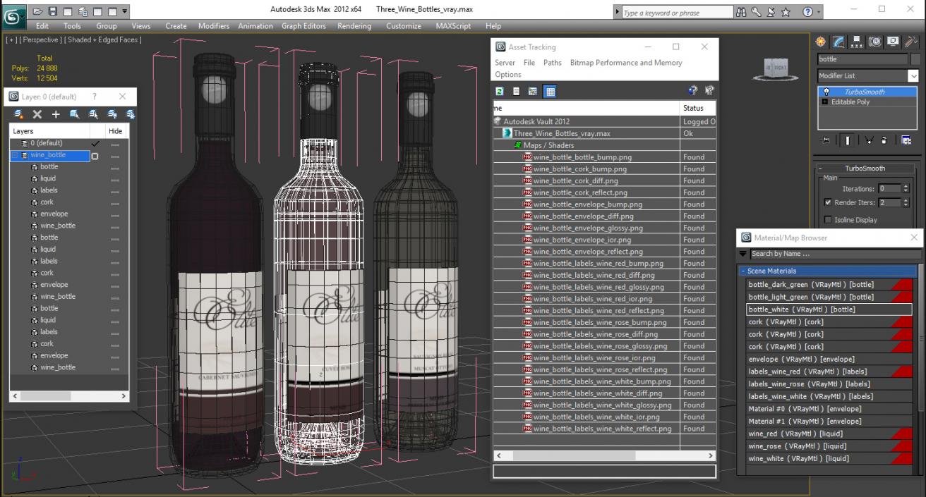 3D Three Wine Bottles model