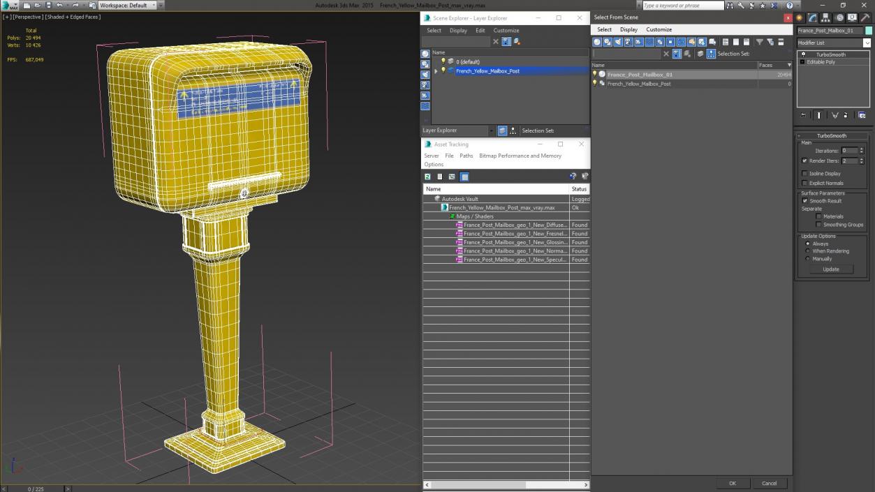 3D French Yellow Mailbox Post