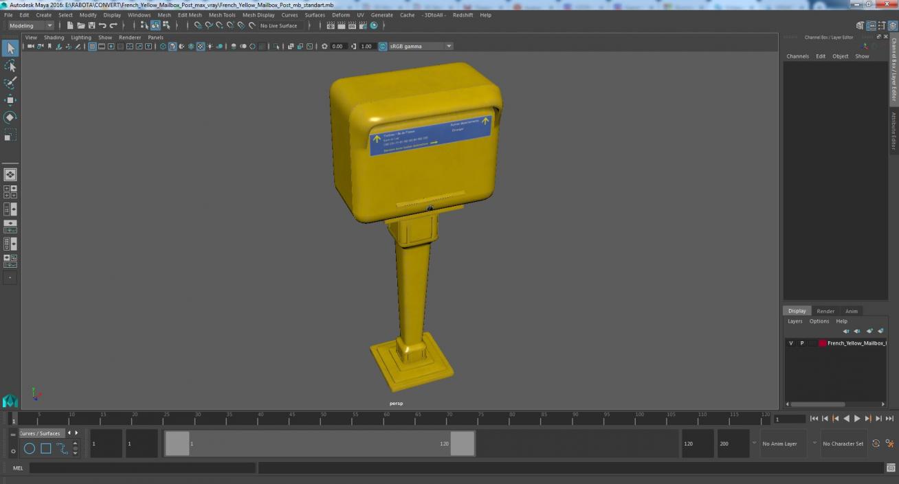 3D French Yellow Mailbox Post