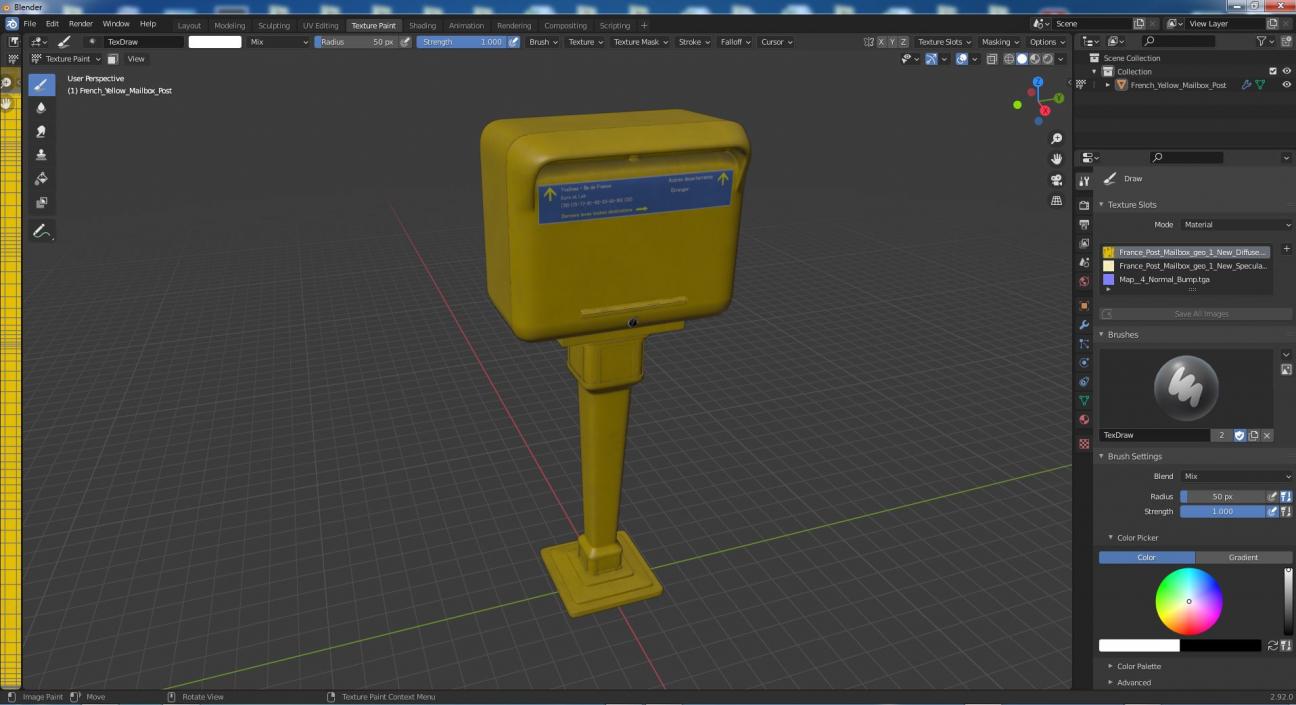 3D French Yellow Mailbox Post