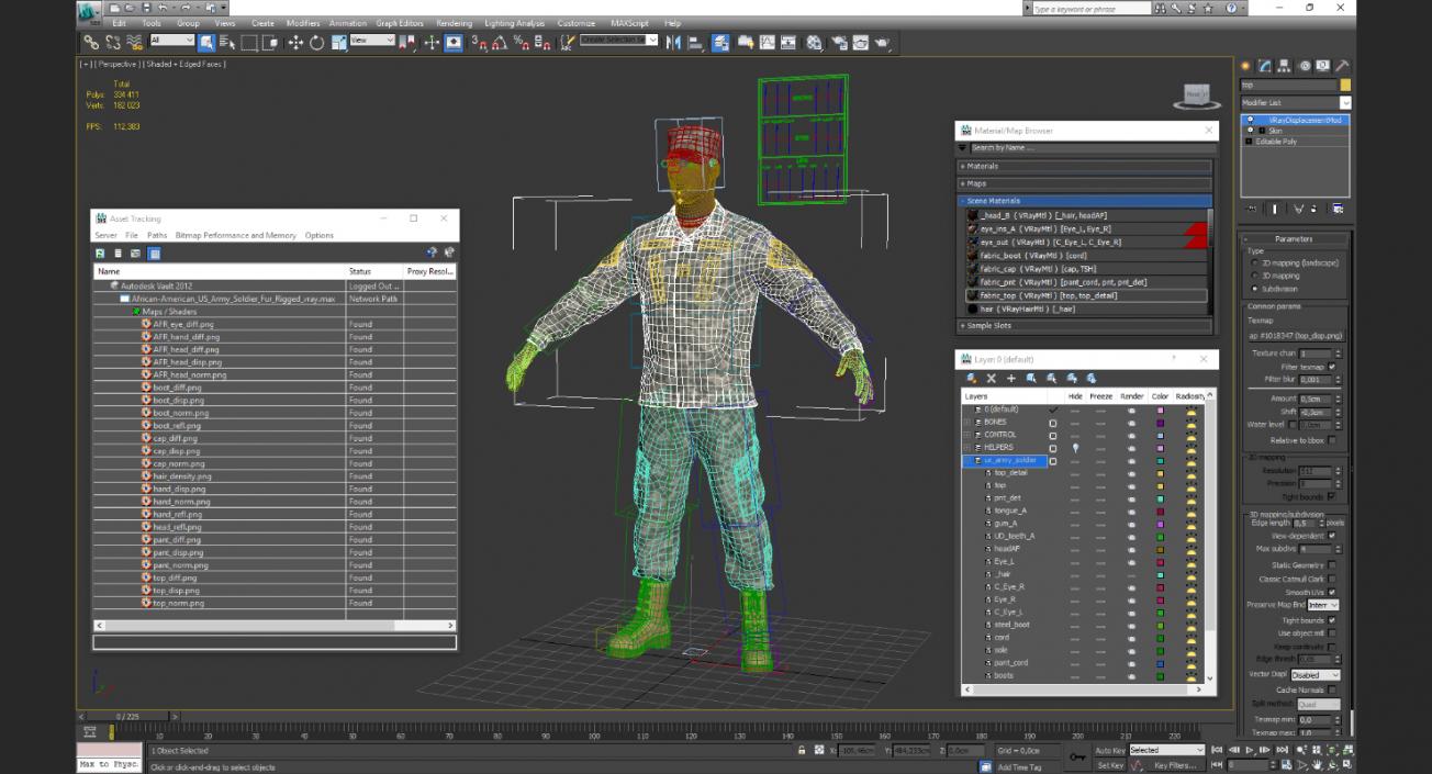 3D African-American US Army Soldier Fur Rigged model