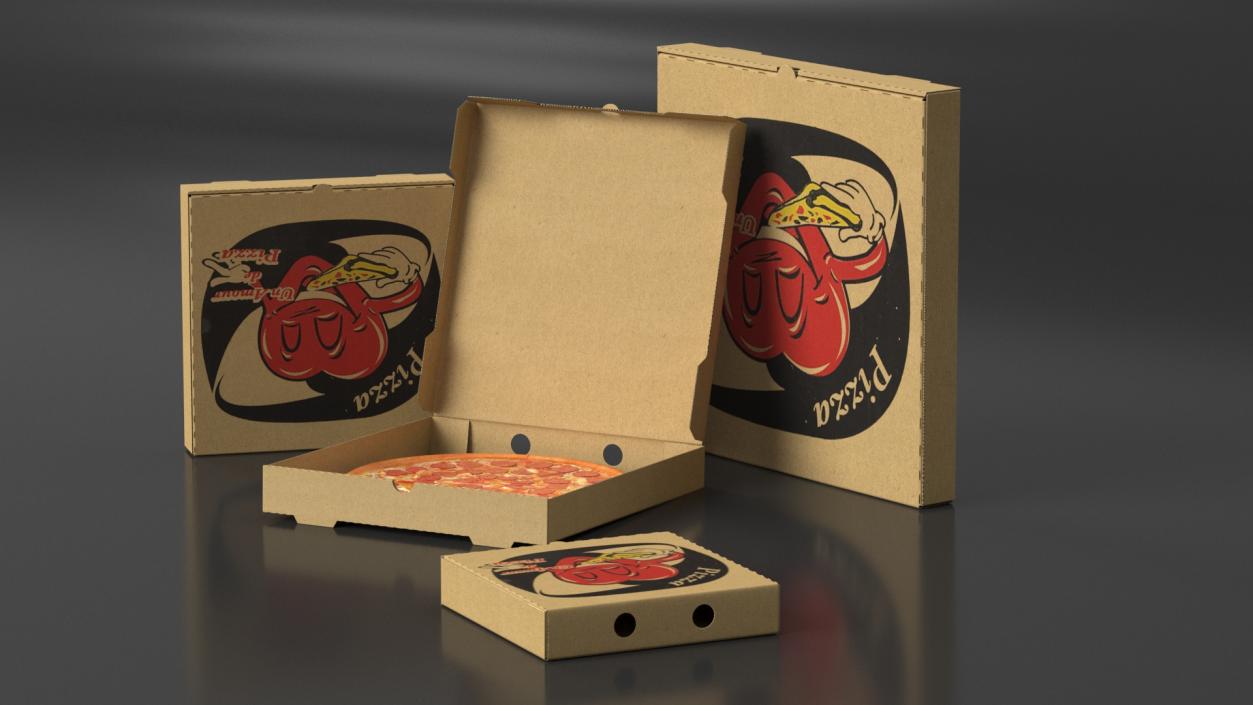 Cardboard Pizza Boxes with Pepperoni Pizza 3D