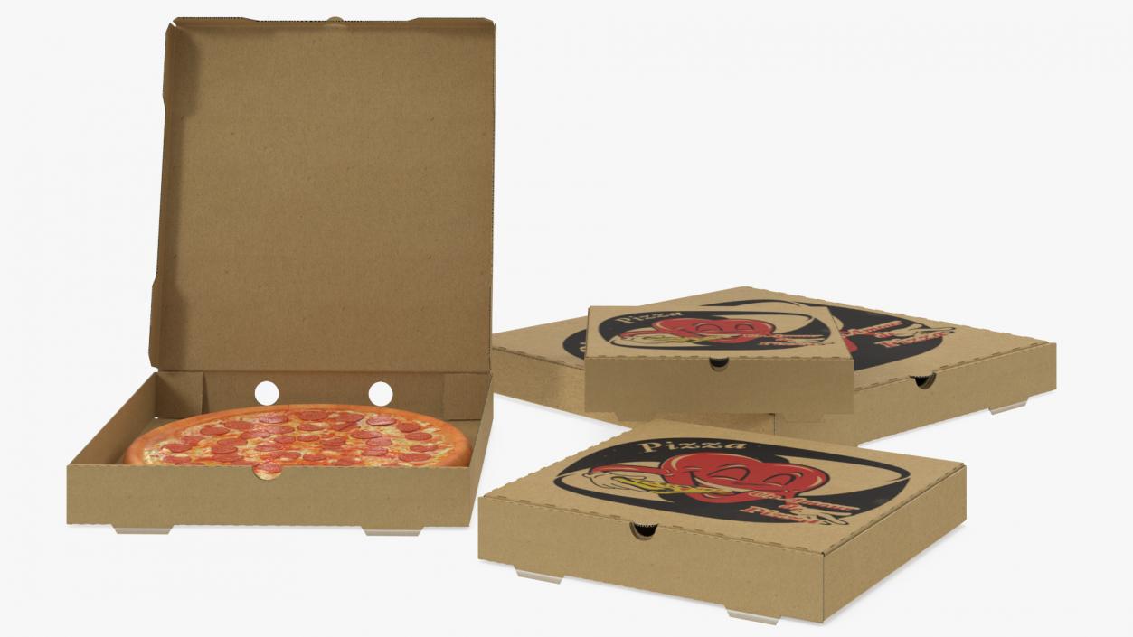 Cardboard Pizza Boxes with Pepperoni Pizza 3D