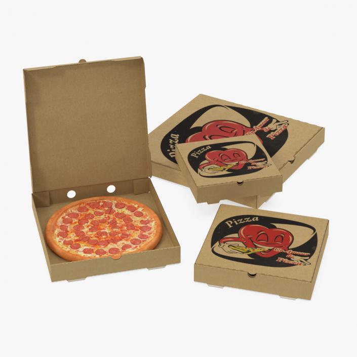 Cardboard Pizza Boxes with Pepperoni Pizza 3D