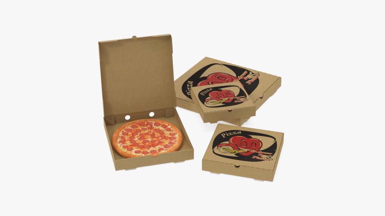 Cardboard Pizza Boxes with Pepperoni Pizza 3D