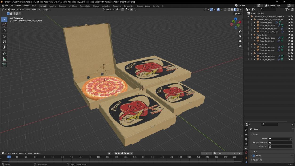 Cardboard Pizza Boxes with Pepperoni Pizza 3D