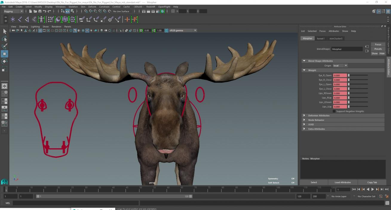 3D Elk No Fur Rigged for Maya