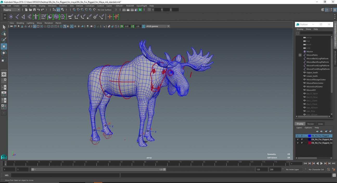 3D Elk No Fur Rigged for Maya