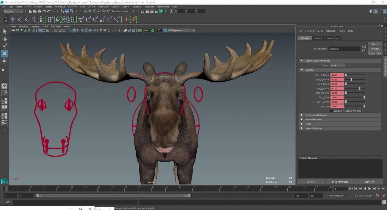 3D Elk No Fur Rigged for Maya