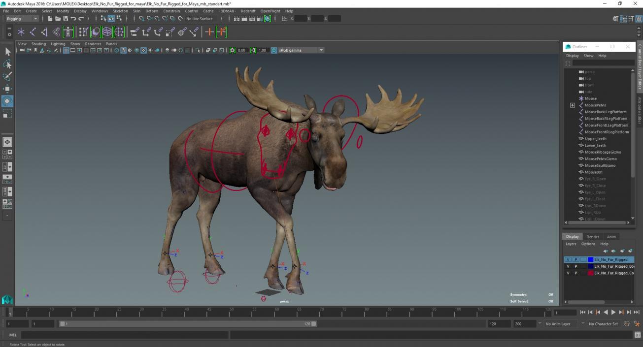 3D Elk No Fur Rigged for Maya