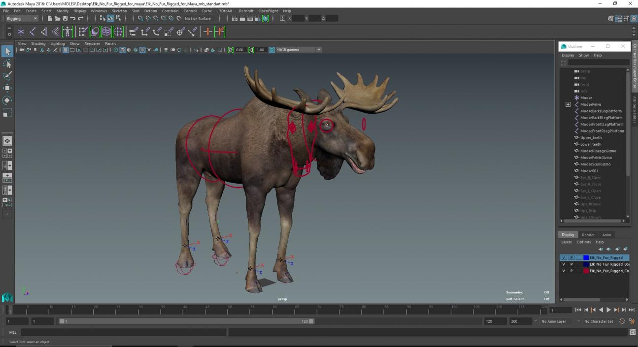 3D Elk No Fur Rigged for Maya