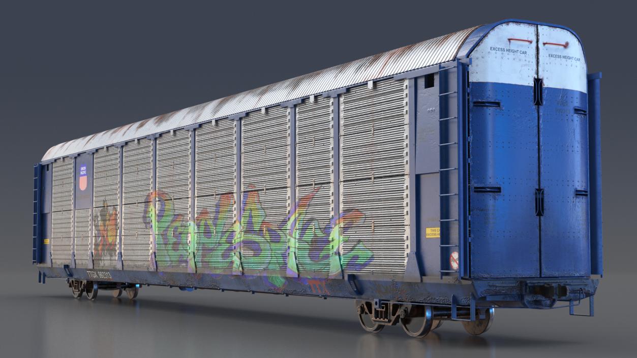 3D Old Auto Rack Train Car Blue model