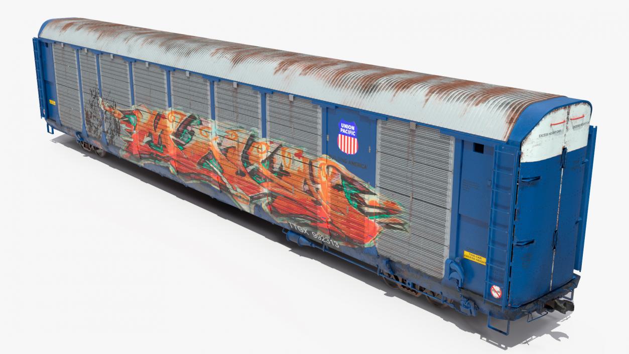 3D Old Auto Rack Train Car Blue model