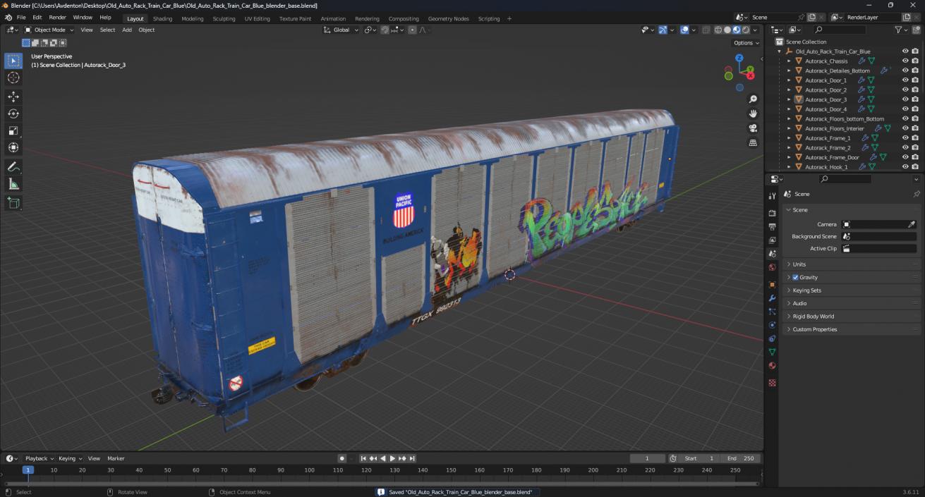 3D Old Auto Rack Train Car Blue model