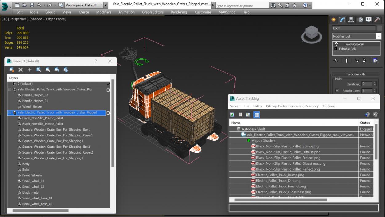 3D Yale Electric Pallet Truck with Wooden Crates Rigged for Cinema 4D