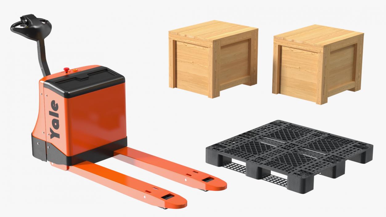 3D Yale Electric Pallet Truck with Wooden Crates Rigged for Cinema 4D