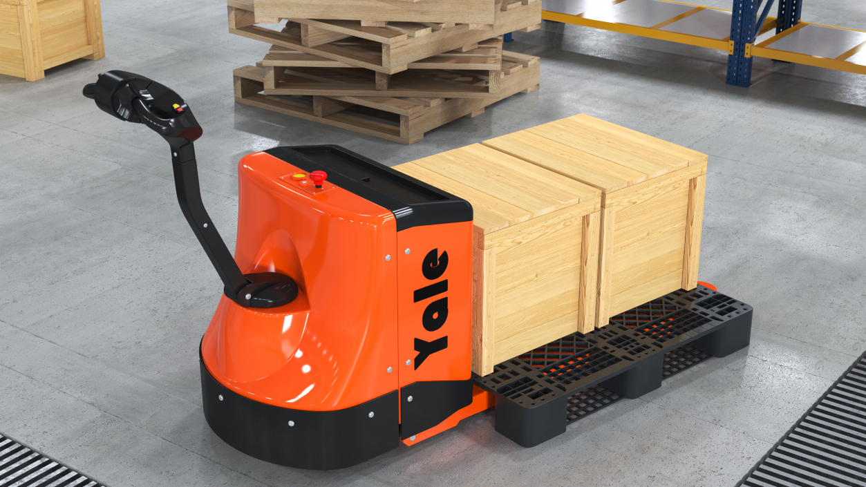 3D Yale Electric Pallet Truck with Wooden Crates Rigged for Cinema 4D