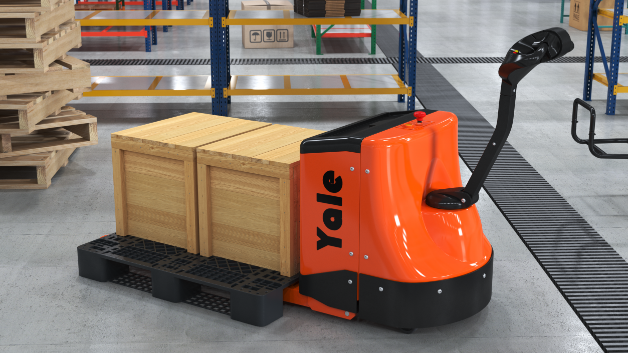 3D Yale Electric Pallet Truck with Wooden Crates Rigged for Cinema 4D