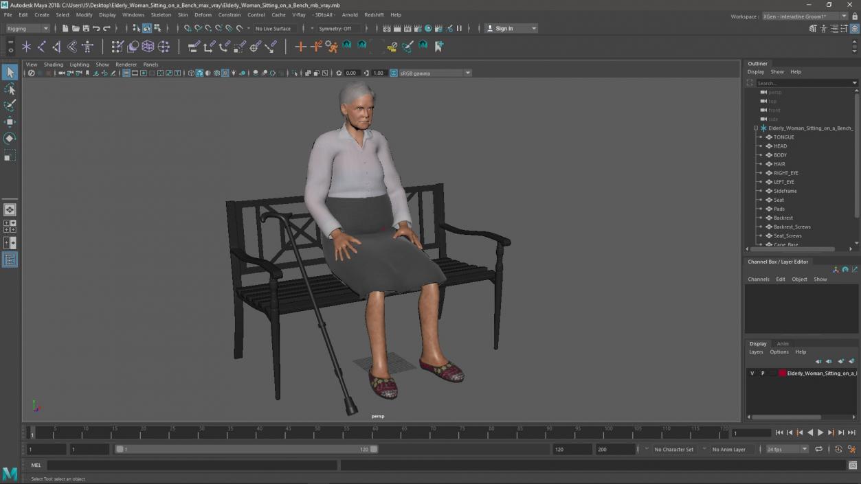 Elderly Woman Sitting on a Bench 3D