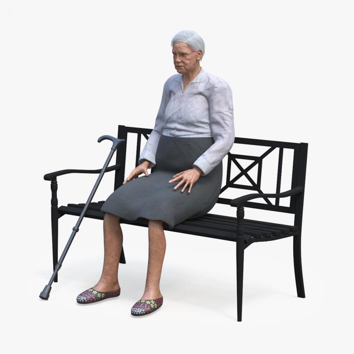 Elderly Woman Sitting on a Bench 3D