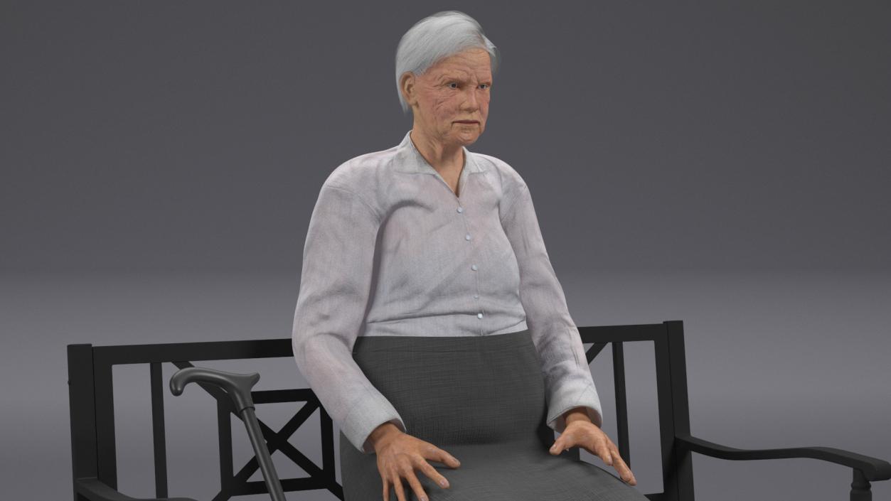 Elderly Woman Sitting on a Bench 3D