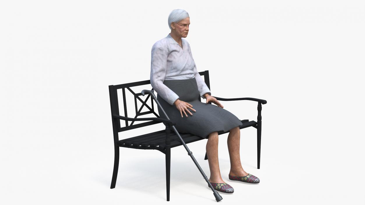 Elderly Woman Sitting on a Bench 3D