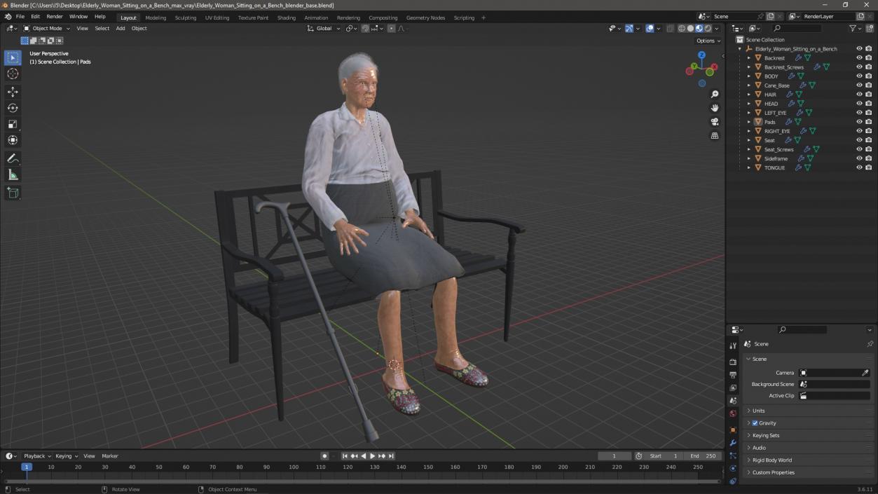 Elderly Woman Sitting on a Bench 3D