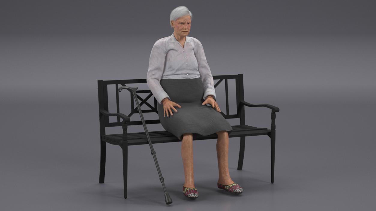 Elderly Woman Sitting on a Bench 3D