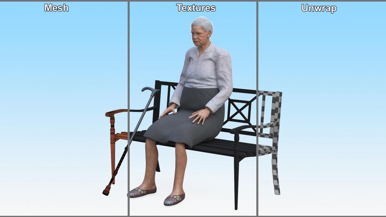 Elderly Woman Sitting on a Bench 3D