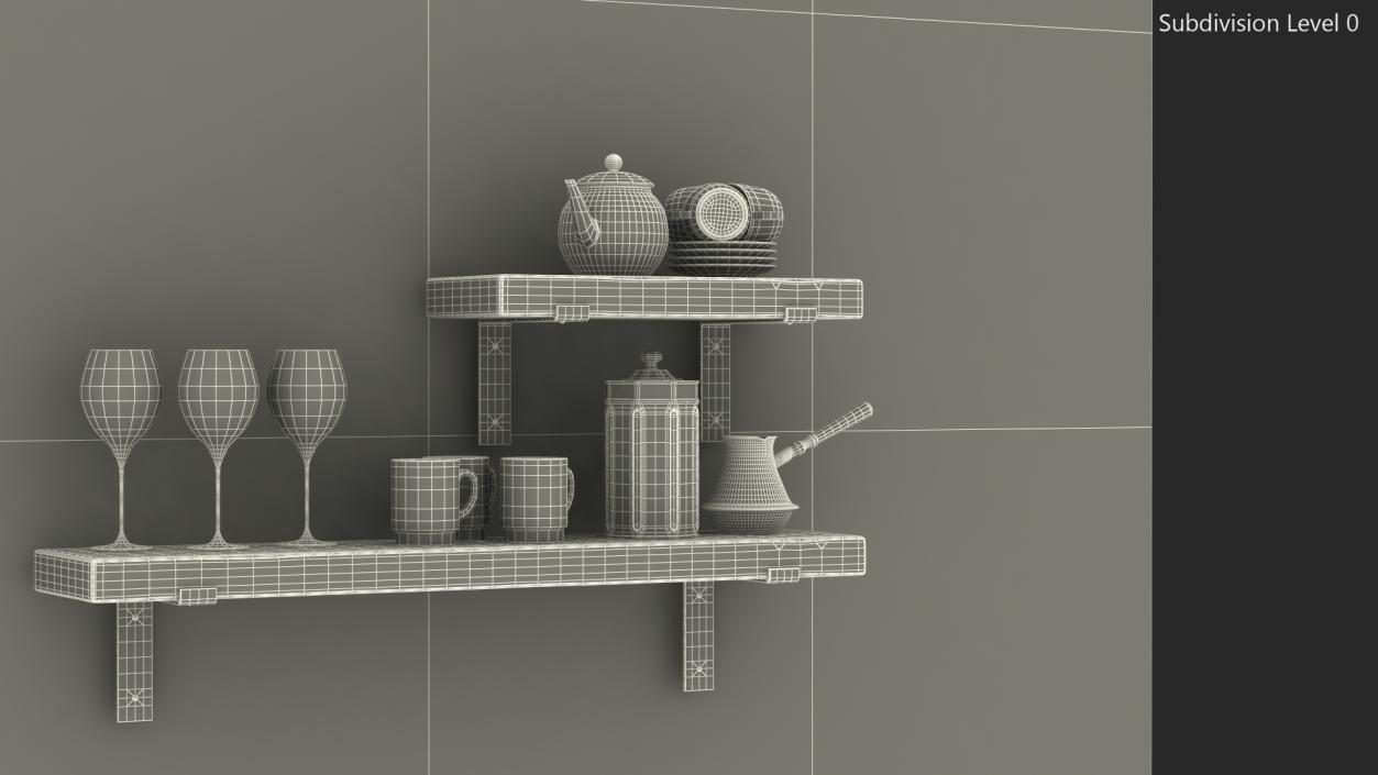 3D Shelf With Kitchenware Brick Wall model